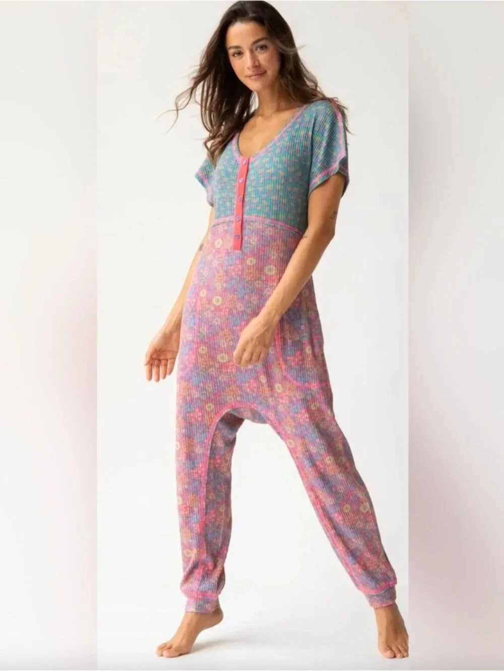 Natural Life Mix & Match Waffle Jumpsuit M Green Floral Boho Lounge Soft Colorfu